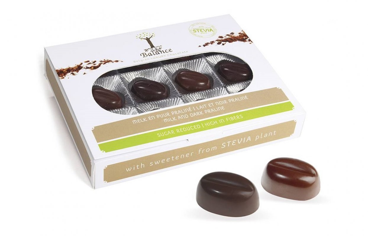 Un ballotin de 45 chocolats belges sans sucre ajouté pour diabétiques.